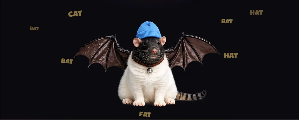 The five CatBatHatFatRat transformation stages lined up: cat, bat, hat, fat and rat, with the final rat form in a white frame below