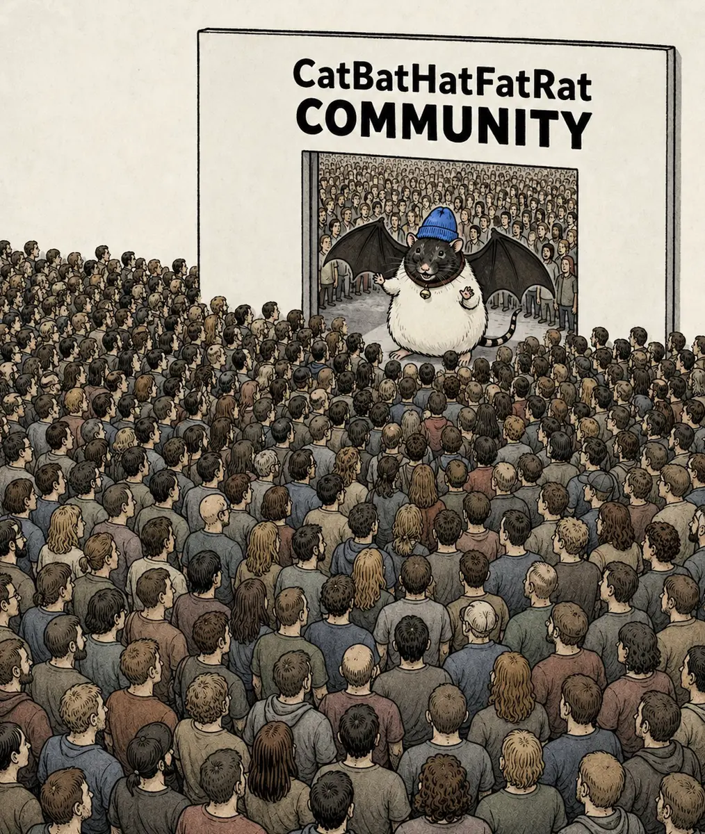 Illustration of a huge crowd gathered at a doorway labelled CatBatHatFatRat Community, with the rat character waving from the entrance